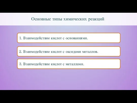 Основные типы химических реакций 1. Взаимодействие кислот с основаниями. 2. Взаимодействие кислот