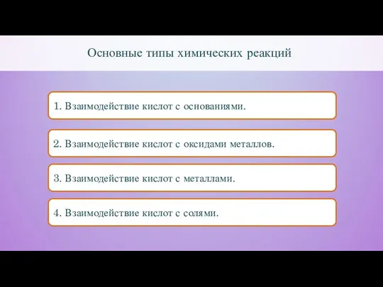 Основные типы химических реакций 1. Взаимодействие кислот с основаниями. 2. Взаимодействие кислот