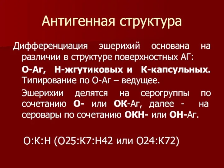 Антигенная структура Дифференциация эшерихий основана на различии в структуре поверхностных АГ: О-Аг,