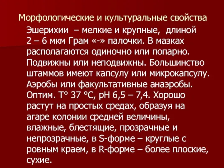 Морфологические и культуральные свойства Эшерихии – мелкие и крупные, длиной 2 –