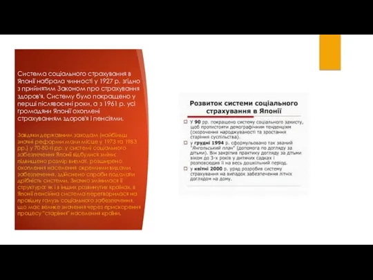 Система соціального страхування в Японії набрала чинності у 1927 р. згідно з