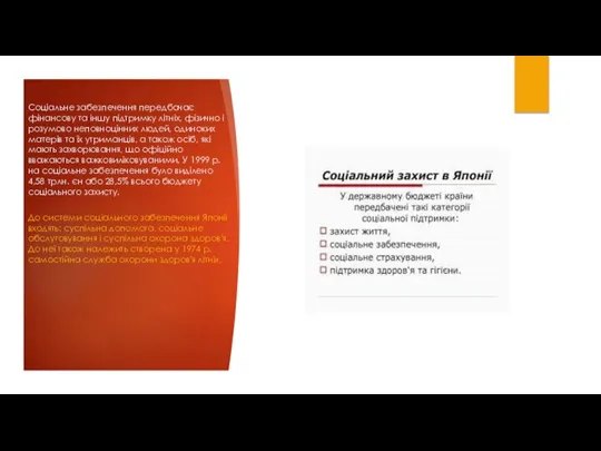 Соціальне забезпечення передбачає фінансову та іншу підтримку літніх, фізично і розумово неповноцінних