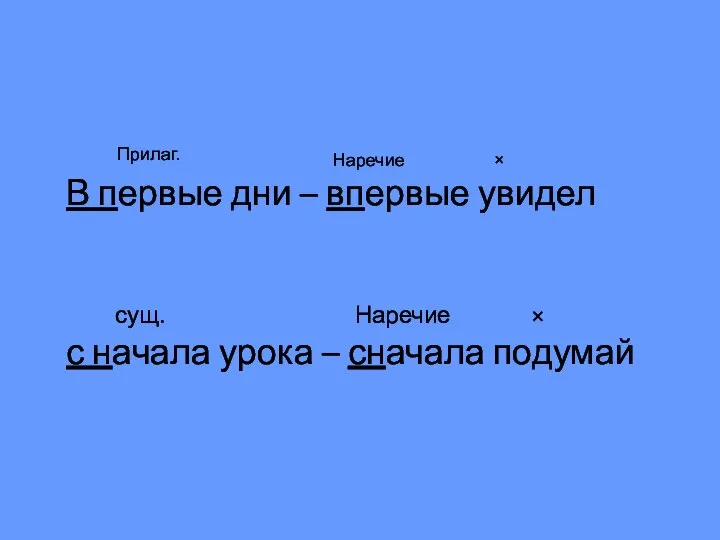 В первые дни – впервые увидел сущ. Наречие × с начала урока