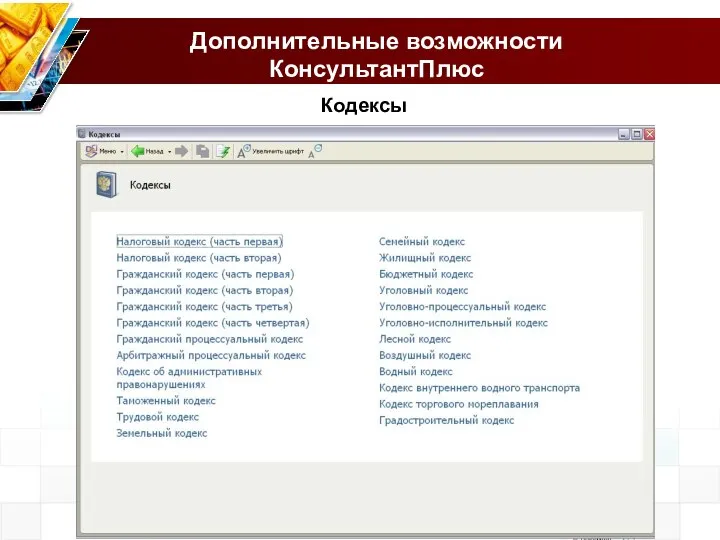 Дополнительные возможности КонсультантПлюс Кодексы