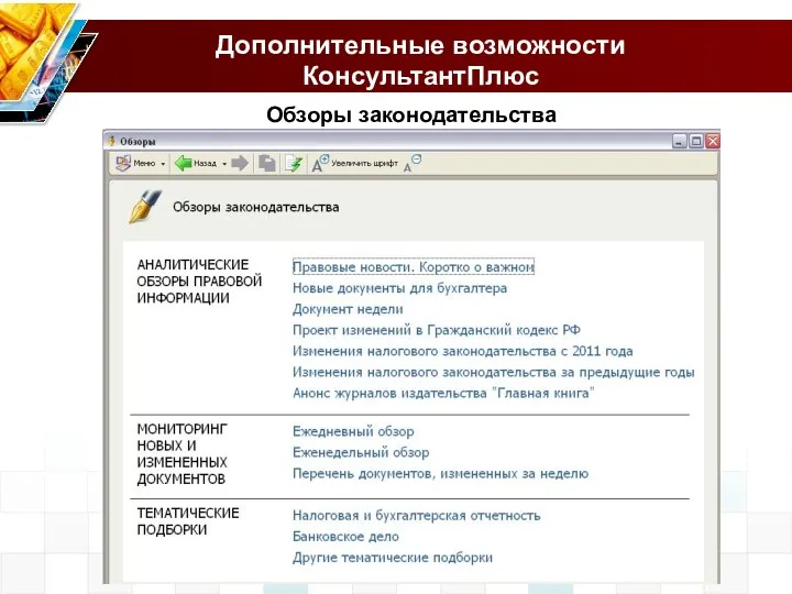 Дополнительные возможности КонсультантПлюс Обзоры законодательства
