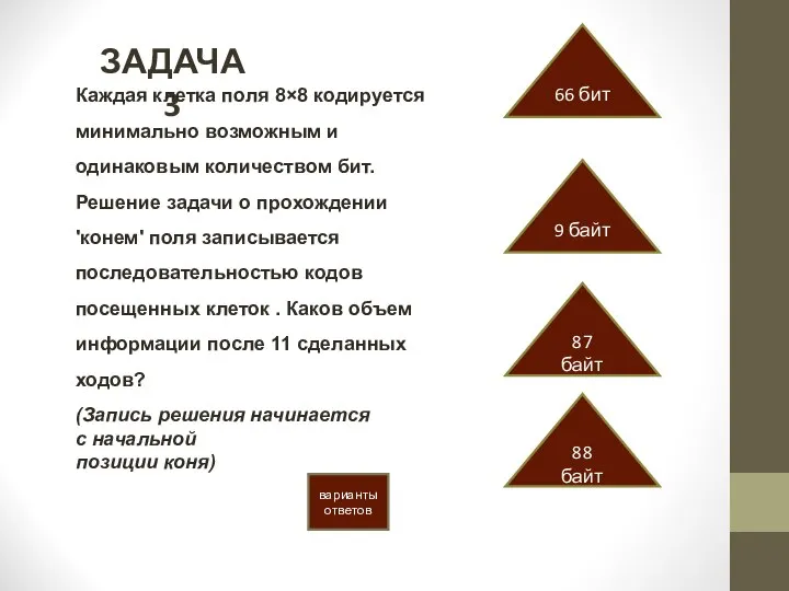 ЗАДАЧА 3 варианты ответов Каждая клетка поля 8×8 кодируется минимально возможным и