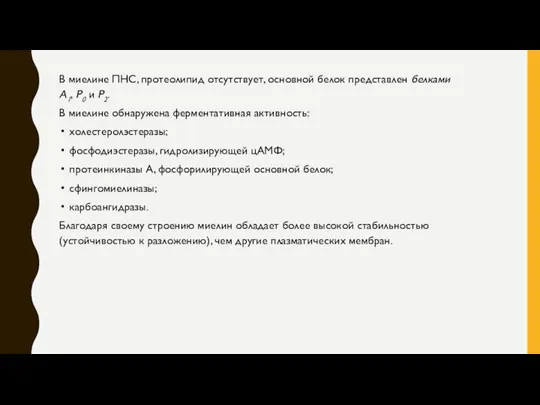 В миелине ПНС, протеолипид отсутствует, основной белок представлен белками А1, Р0 и