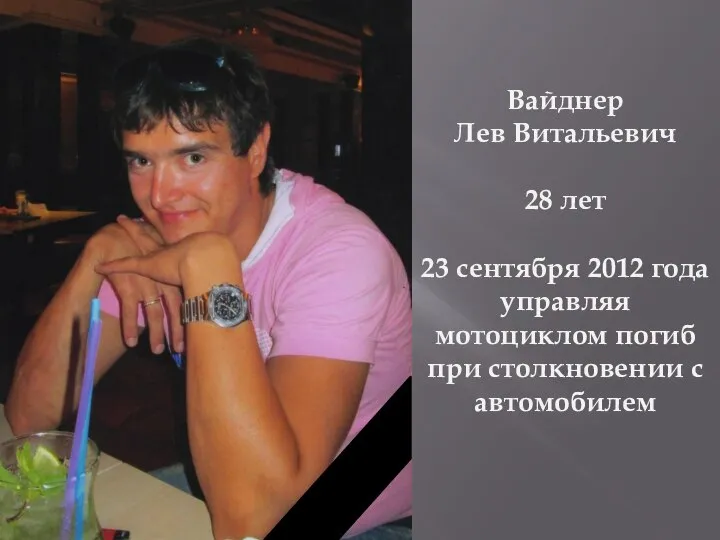 Вайднер Лев Витальевич 28 лет 23 сентября 2012 года управляя мотоциклом погиб при столкновении с автомобилем