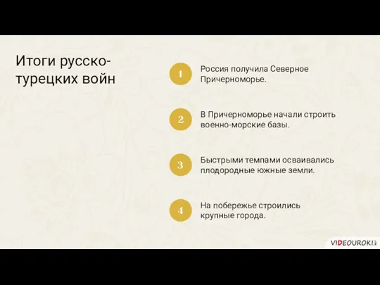 Итоги русско-турецких войн Россия получила Северное Причерноморье. 1 2 3 4 В