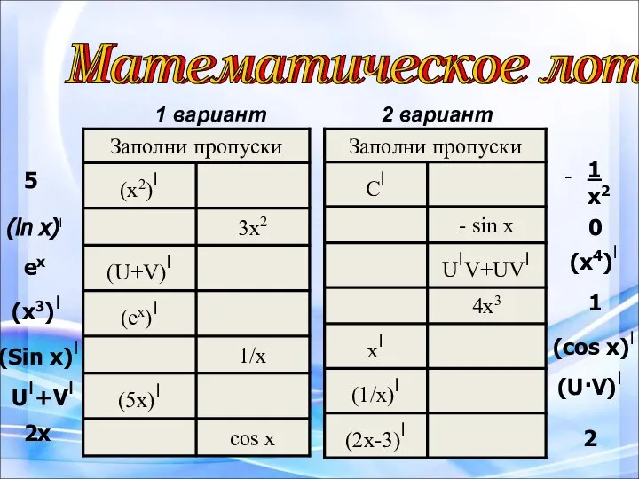 1 вариант 2 вариант 5 (Sin x)׀ ех (х3)׀ (ln х)׀ U׀+V׀