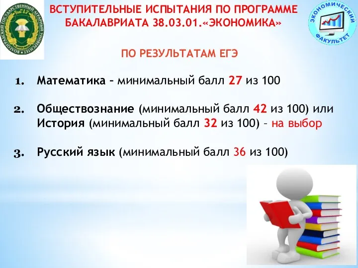 ВСТУПИТЕЛЬНЫЕ ИСПЫТАНИЯ ПО ПРОГРАММЕ БАКАЛАВРИАТА 38.03.01.«ЭКОНОМИКА» ПО РЕЗУЛЬТАТАМ ЕГЭ Математика – минимальный