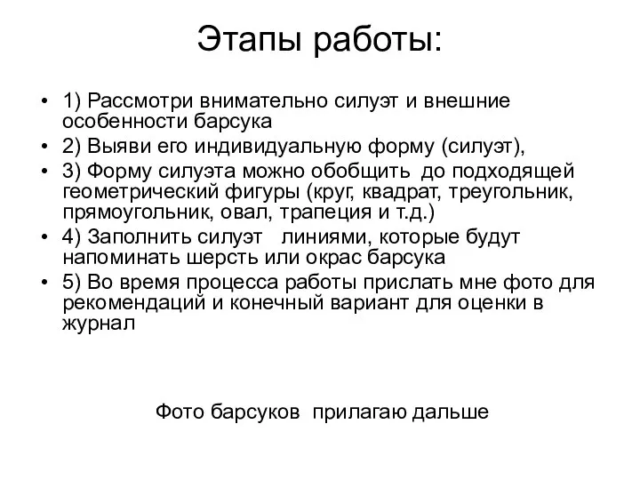 Этапы работы: 1) Рассмотри внимательно силуэт и внешние особенности барсука 2) Выяви