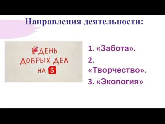 Направления деятельности: 1. «Забота». 2. «Творчество». 3. «Экология»