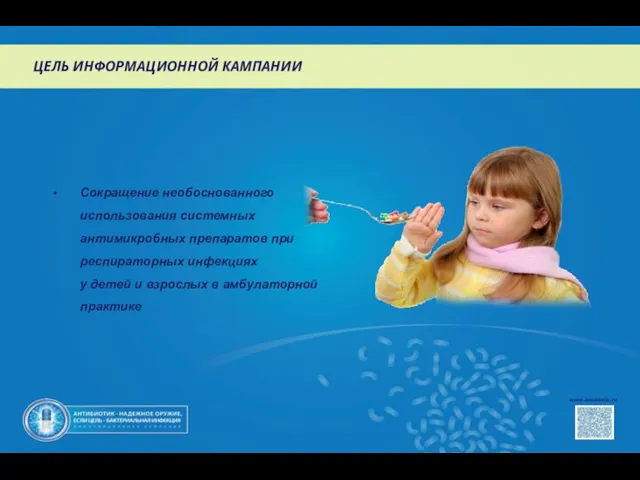 www.antibiotic.ru ЦЕЛЬ ИНФОРМАЦИОННОЙ КАМПАНИИ Сокращение необоснованного использования системных антимикробных препаратов при респираторных