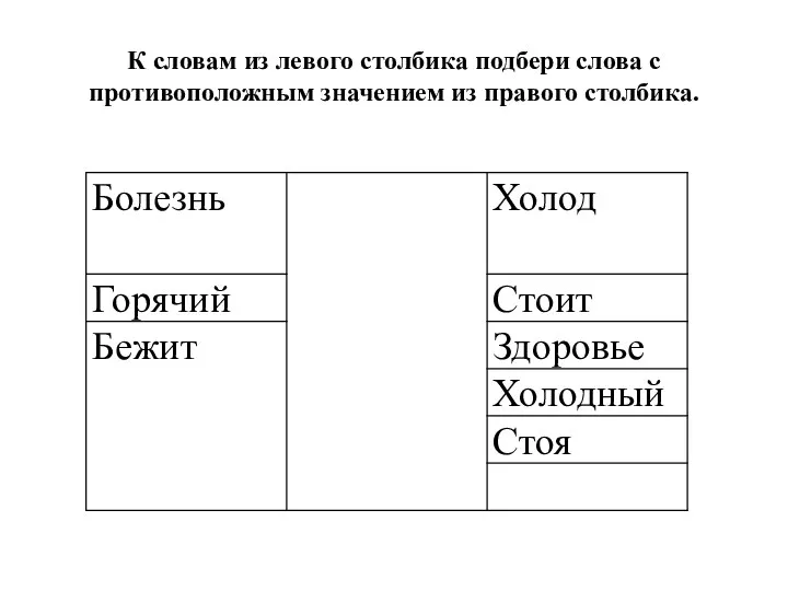 К словам из левого столбика подбери слова с противоположным значением из правого столбика.