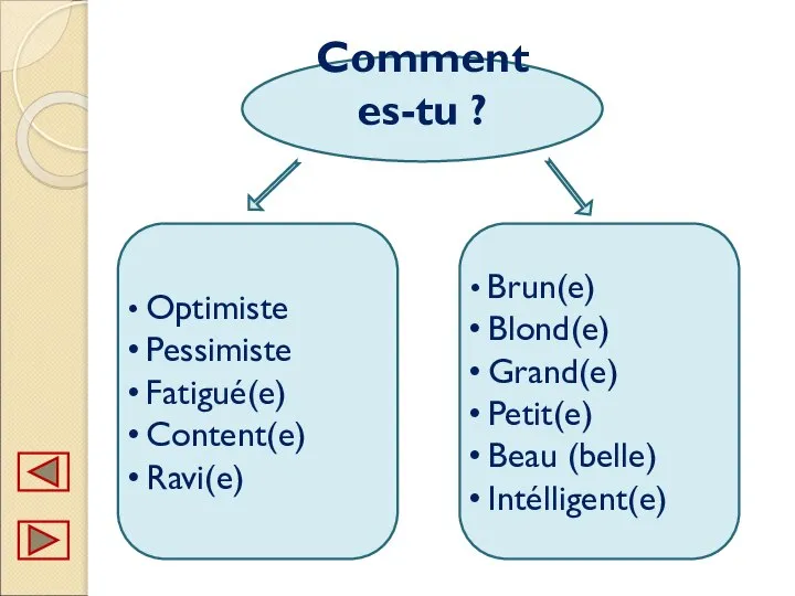 Comment es-tu ? Optimiste Pessimiste Fatigué(e) Content(e) Ravi(e) Brun(e) Blond(e) Grand(e) Petit(e) Beau (belle) Intélligent(e)