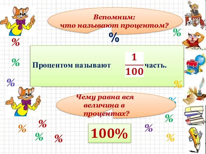 Вспомним: что называют процентом? % % % % Процентом называют часть. %