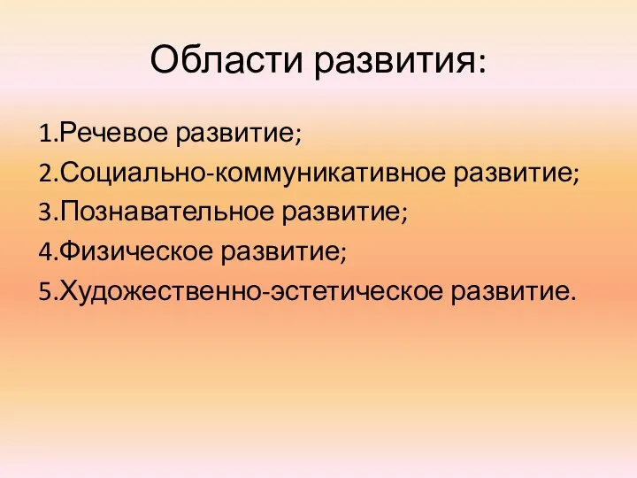 Области развития: 1.Речевое развитие; 2.Социально-коммуникативное развитие; 3.Познавательное развитие; 4.Физическое развитие; 5.Художественно-эстетическое развитие.