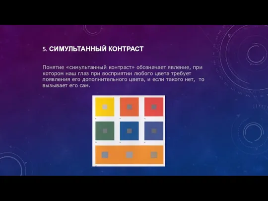 5. СИМУЛЬТАННЫЙ КОНТРАСТ Понятие «симультанный контраст» обозначает явление, при котором наш глаз