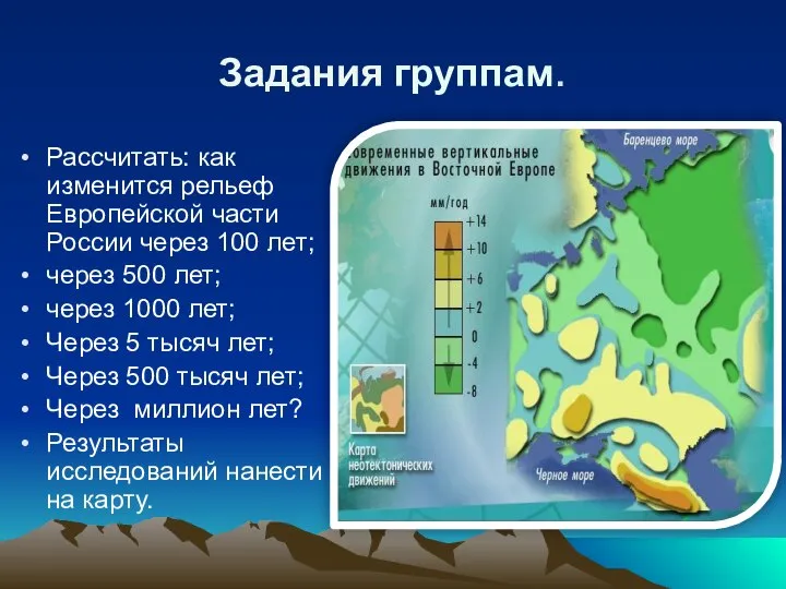 Задания группам. Рассчитать: как изменится рельеф Европейской части России через 100 лет;