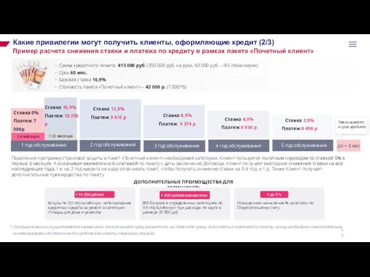 Какие привилегии могут получить клиенты, оформляющие кредит (2/3) Пример расчета снижения ставки