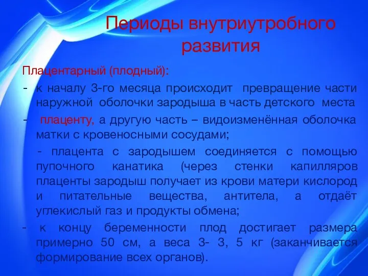 Периоды внутриутробного развития Плацентарный (плодный): к началу 3-го месяца происходит превращение части