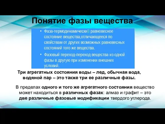 Понятие фазы вещества Три агрегатных состояния воды – лед, обычная вода, водяной