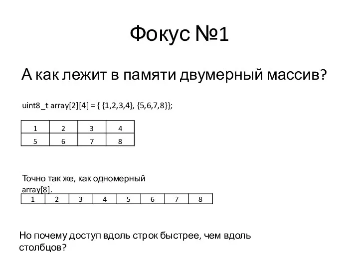 Фокус №1 А как лежит в памяти двумерный массив? uint8_t array[2][4] =