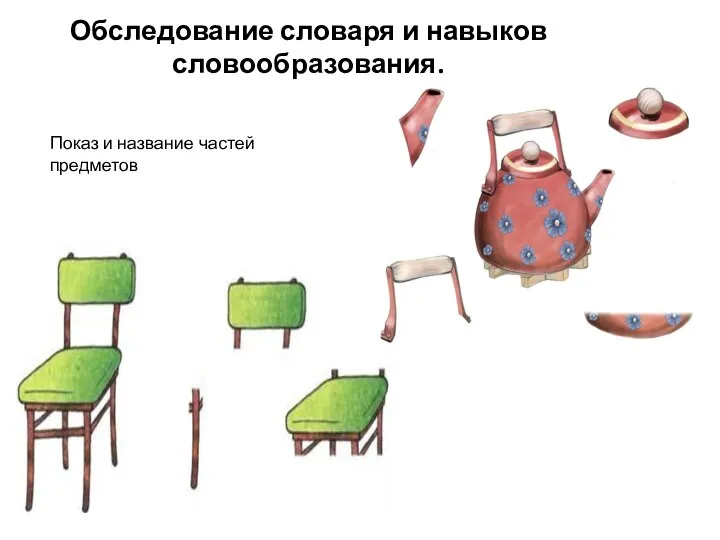 Обследование словаря и навыков словообразования. Показ и название частей предметов