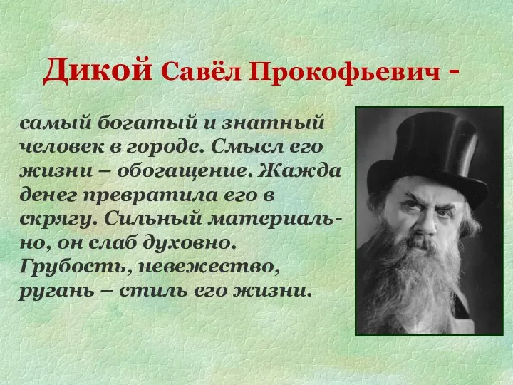 Дикой Савёл Прокофьевич - самый богатый и знатный человек в городе. Смысл