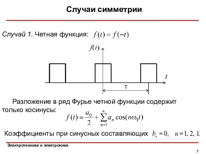 Случаи симметрии Случай 1. Четная функция: Разложение в ряд Фурье четной функции