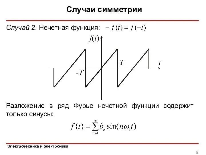 Случаи симметрии Случай 2. Нечетная функция: Разложение в ряд Фурье нечетной функции содержит только синусы: