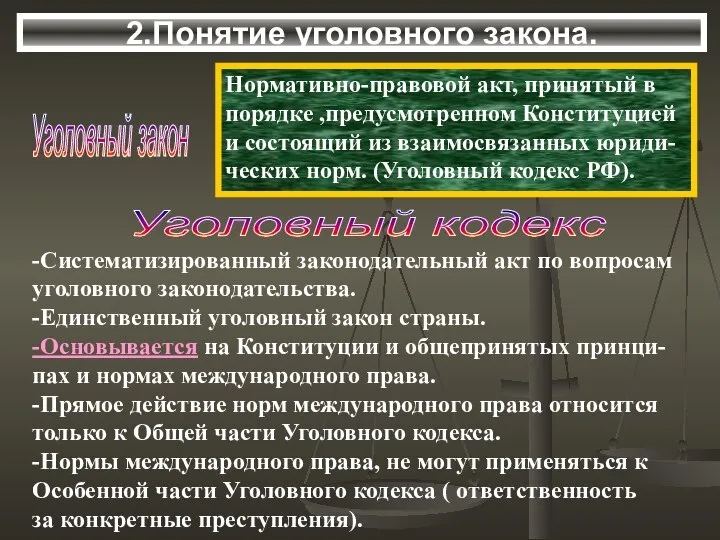 Уголовный закон 2.Понятие уголовного закона. Нормативно-правовой акт, принятый в порядке ,предусмотренном Конституцией