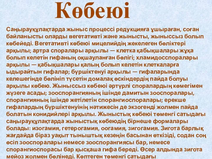 Көбеюі Саңырауқұлақтарда жыныс процессі редукцияға ұшыраған, соған байланысты оларды вегетативті және жынысты,