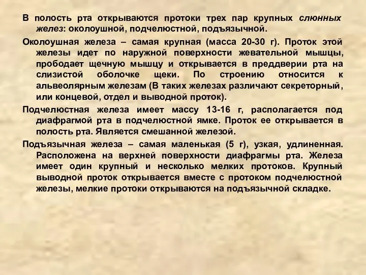 В полость рта открываются протоки трех пар крупных слюнных желез: околоушной, подчелюстной,