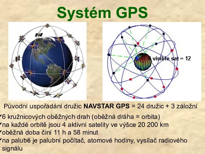 Systém GPS Původní uspořádání družic NAVSTAR GPS = 24 družic + 3