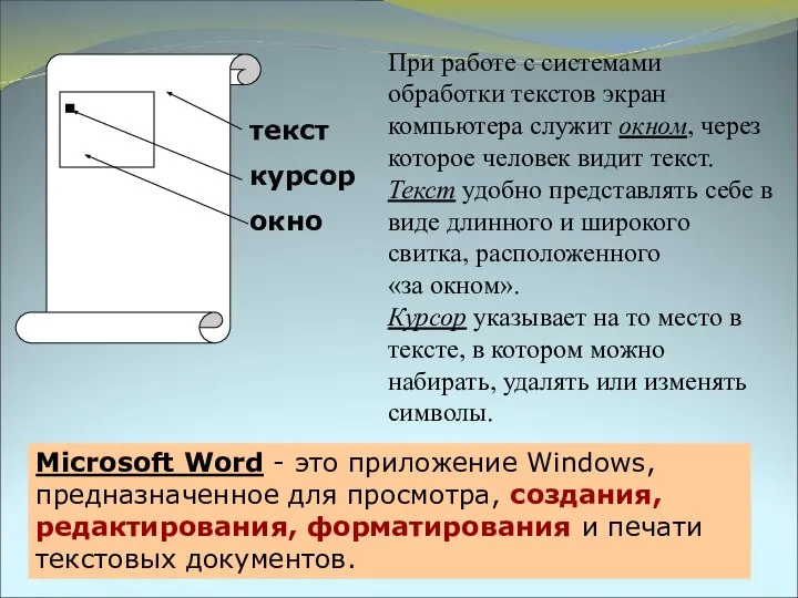 При работе с системами обработки текстов экран компьютера служит окном, через которое