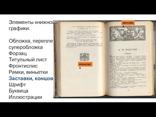 Элементы книжной графики: Обложка, переплет, суперобложка Форзац Титульный лист Фронтиспис Рамки, виньетки