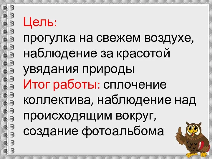 Цель: прогулка на свежем воздухе, наблюдение за красотой увядания природы Итог работы: