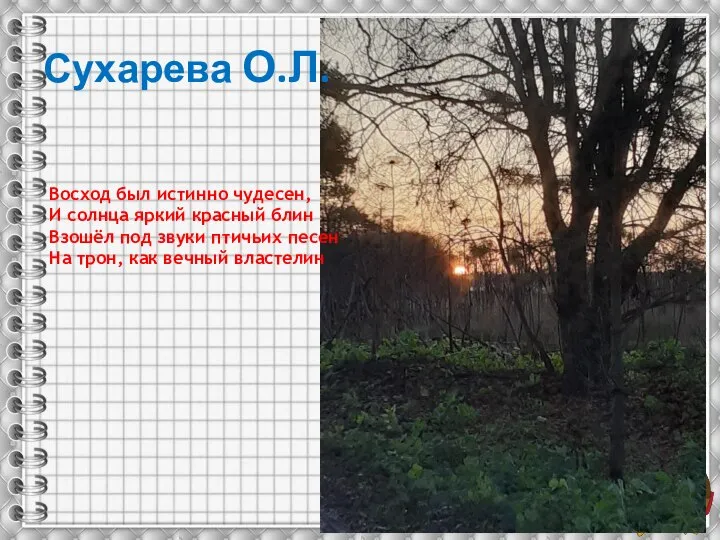 Сухарева О.Л. Восход был истинно чудесен, И солнца яркий красный блин Взошёл