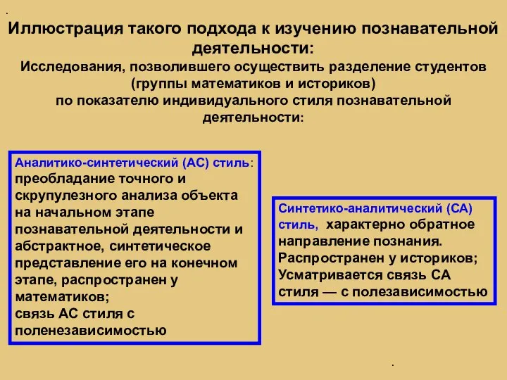 . Иллюстрация такого подхода к изучению познавательной деятельности: Исследования, позволившего осуществить разделение