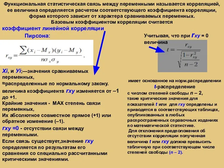 Функциональная статистическая связь между переменными называется корреляцией, ее величина определяется расчетом соответствующего