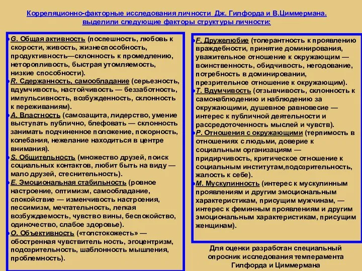 Корреляционно-факторные исследования личности Дж. Гилфорда и В.Циммермана. выделили следующие факторы структуры личности: