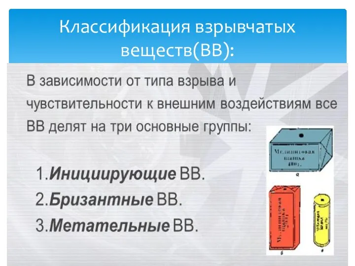 Классификация взрывчатых веществ(ВВ):