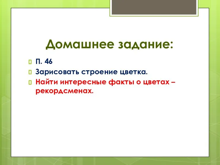 Домашнее задание: П. 46 Зарисовать строение цветка. Найти интересные факты о цветах – рекордсменах.