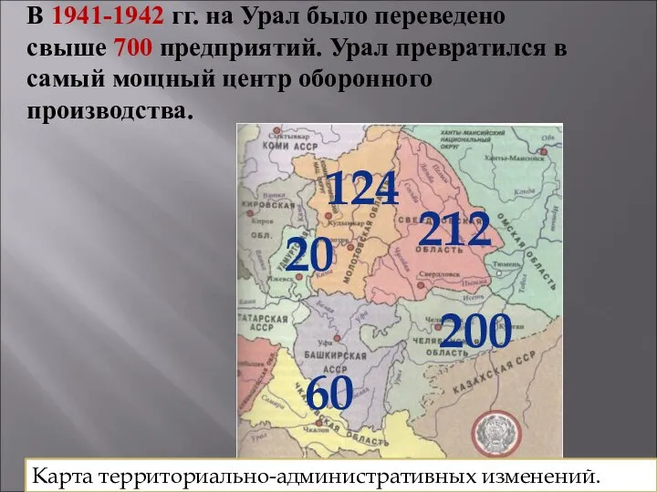 В 1941-1942 гг. на Урал было переведено свыше 700 предприятий. Урал превратился