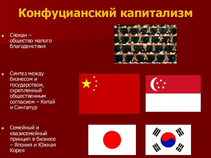 Конфуцианский капитализм Сяокан – общество малого благоденствия Синтез между бизнесом и государством,