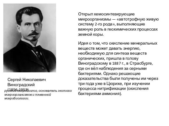 Сергей Николаевич Виноградский (1856-1953) Открыл хемосинтезирующие микроорганизмы — «автотрофную живую систему 2-го