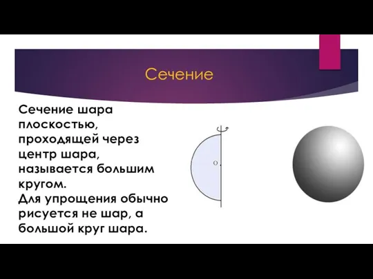Сечение шара плоскостью, проходящей через центр шара, называется большим кругом. Для упрощения