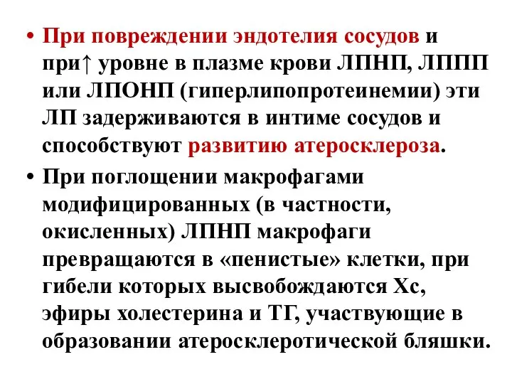 При повреждении эндотелия сосудов и при↑ уровне в плазме крови ЛПНП, ЛППП